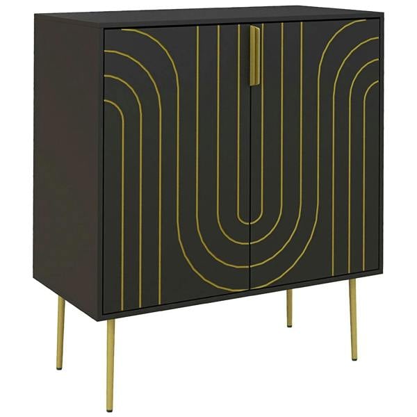 Black sideboard cabinet with gold-tone art deco curved line doors and vertical gold handles