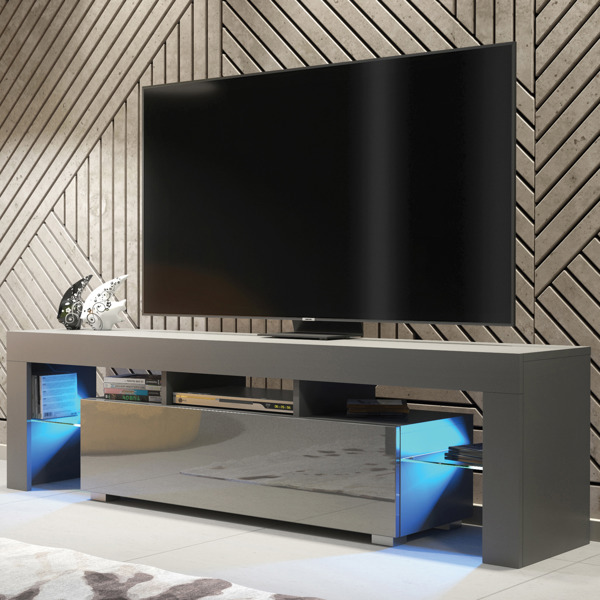 Mex Furniture 160cm TV Unit – Modern TV Stand Cabinet with Grey High Gloss Doors and Free LED
