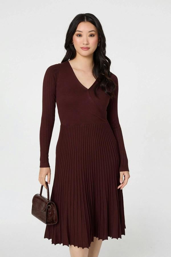 Brown | Pleated Knit Faux Wrap Midi Dress