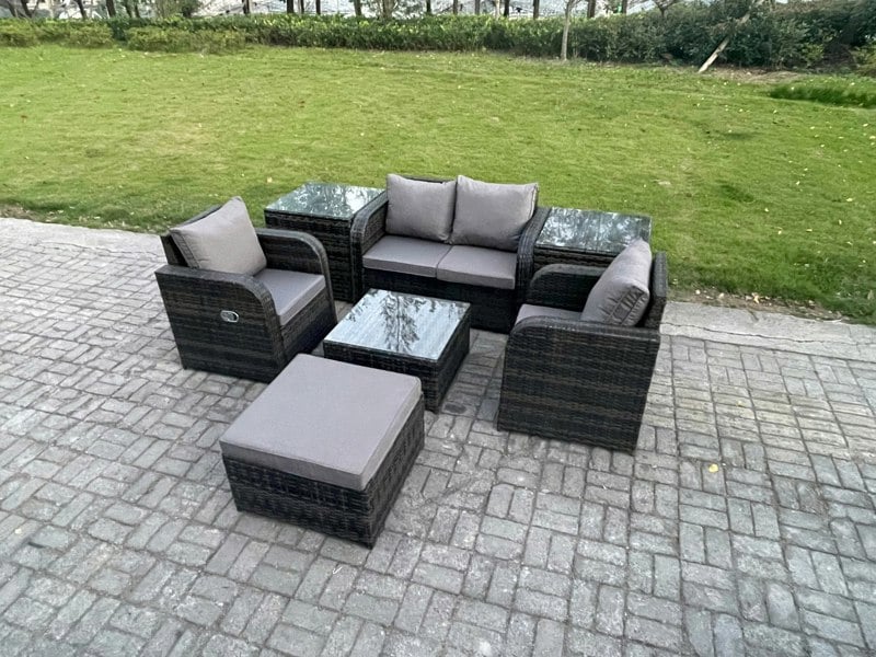 Fimous Rattan Garden Furniture Set Patio Conservatory Indoor Outdoor 7 Piece Set with Love Sofa Square Coffee Table 2 Side Tables Big Footstool