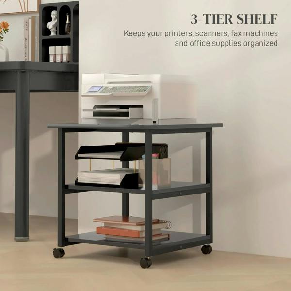 Three-tier black steel printer stand with wheels, open shelving for office items