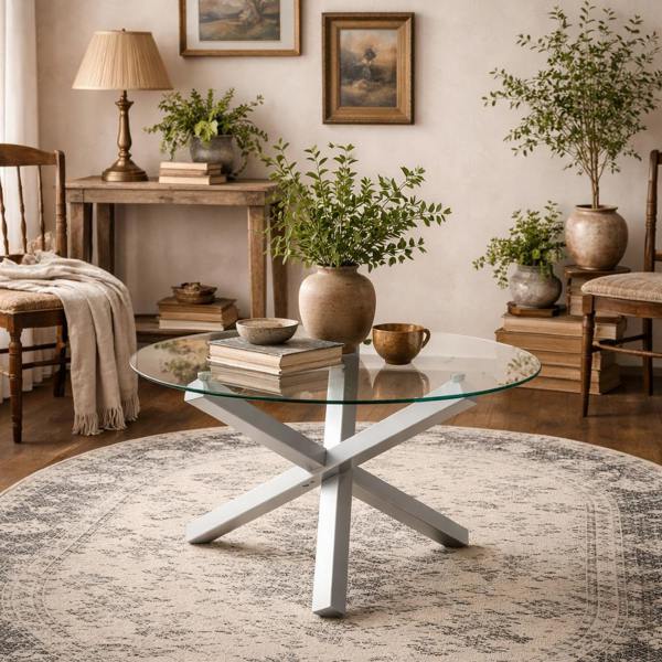 Wyld Haus San Sebastian Clear Glass and Silver Metal Round Dining Table 4 Seater