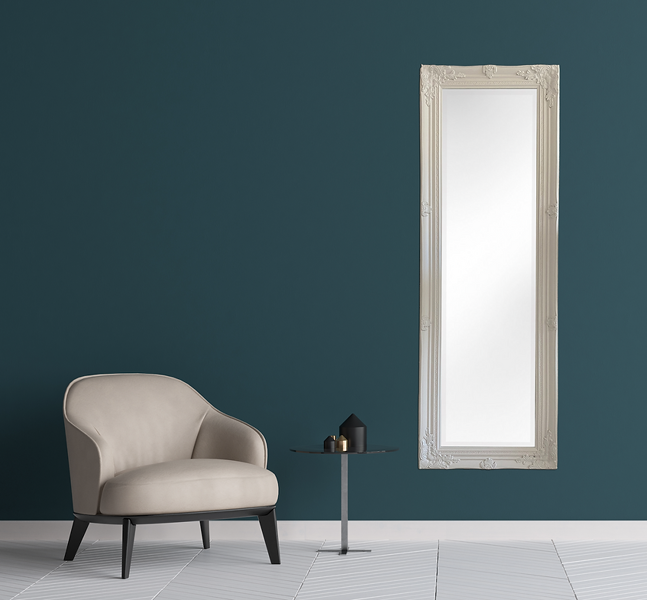 Downton Interiors Antique Style Plain White Tall Ornate Dressing Wall Mirror with Bevelled Glass 142cm