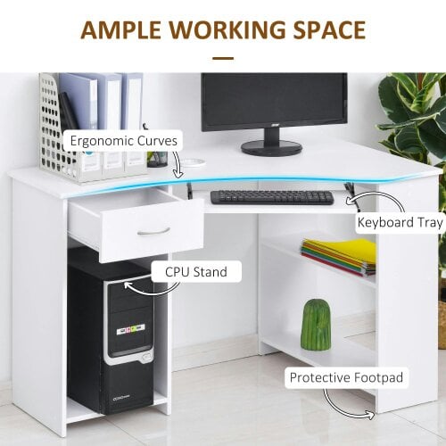 Wyld Haus Bavise 120cm Wooden White L Shaped Corner Desk With Keyboard Tray Drawers