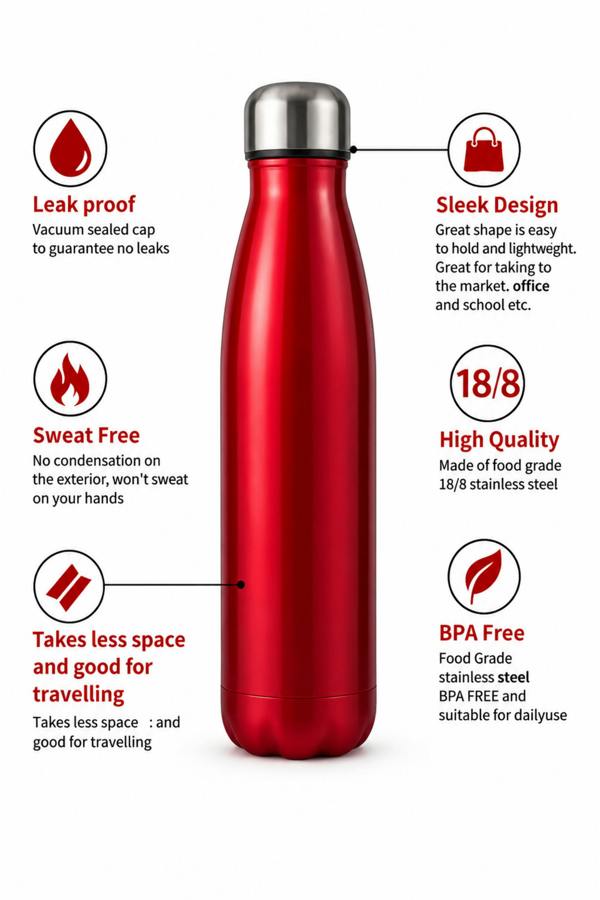 Dyzi 500ml Stainless Steel Water Bottle Leak Proof BPA Free Red