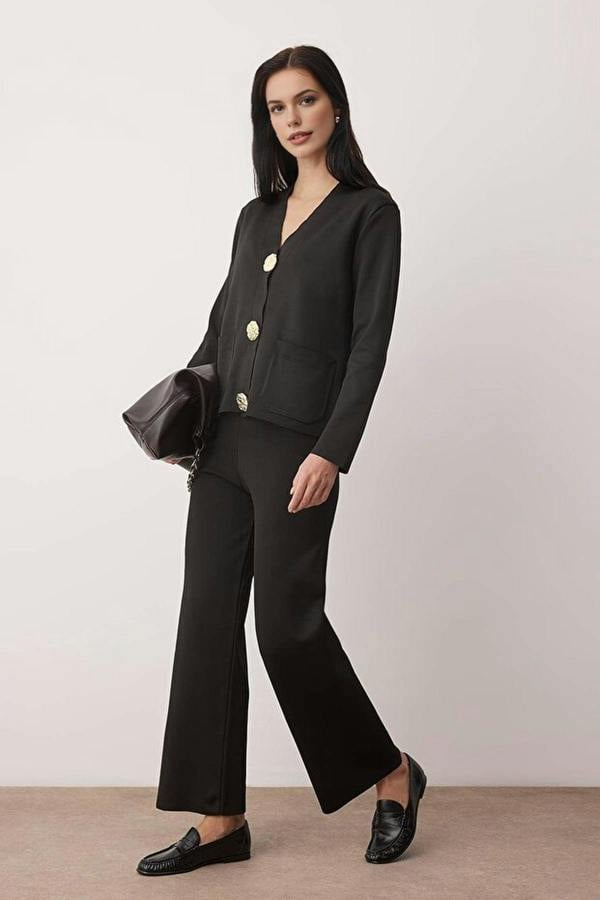 WOVCOR 2-Piece V-Neck Button Detail Cardigan-Pants Knitwear Set