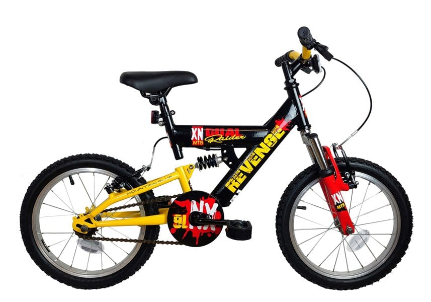 XN Revenge Boys Full Suspension Mountain Bike 16in Wheel - Black/Yellow/Red