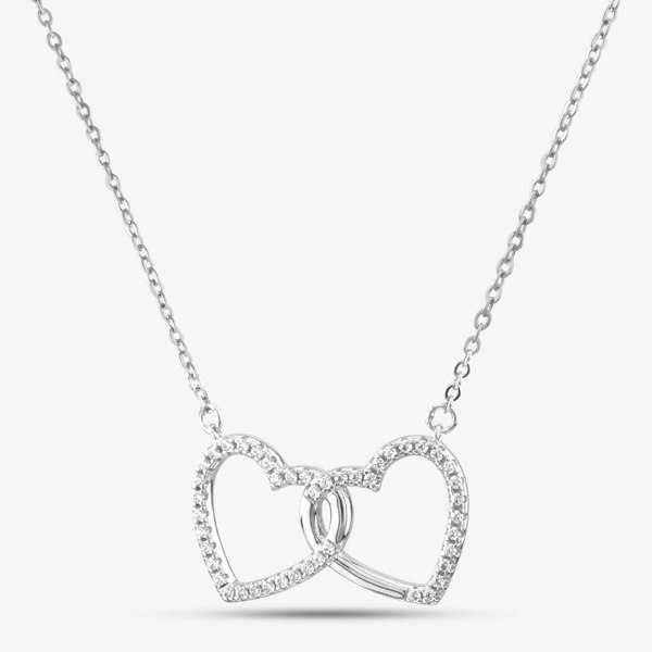 T. H. Baker Silver Cubic Zirconia Double Interlinked Open Hearts Necklace MP02683A
