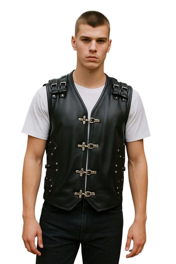 Infinity Leather Men’s Black Biker Leather Waistcoat Metal Buckles Vest - Coolgardie