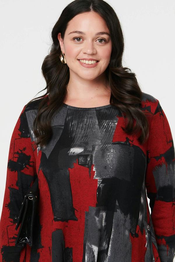 Red | Curve Printed Long Sleeve Short Dress