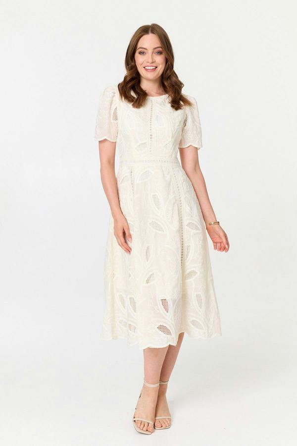 Cream | Lace Textured 1/2 Sleeve Midi Dress