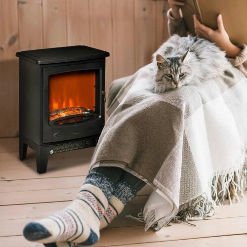 Bobobiy Electric Fireplace Stove, Freestanding Fireplace Heater with Realistic LED Flame Effect and Adjustable Brightness, 900W/1800W, Black