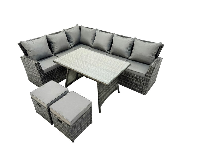 Fimous High Back Rattan Corner Sofa Set Dining Table Outdoor Furniture Dark Grey Mixed Left Option