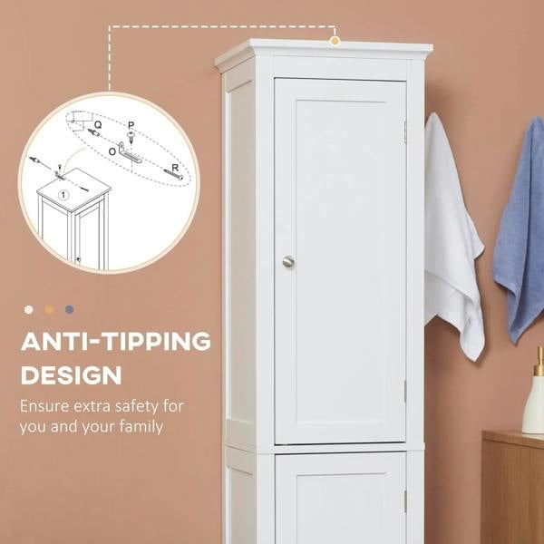 White tall bathroom storage cabinet with two paneled doors; top stability hardware shown