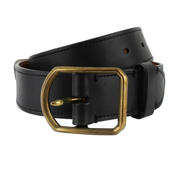 Dunhill black leather belt with rounded brass tone buckle