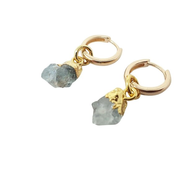 Raw Aquamarine March Birthstone Gold Plated Huggies