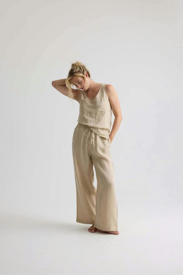 Pretty You London Relaxed Linen Wide Leg Trousers In Summer Sand
