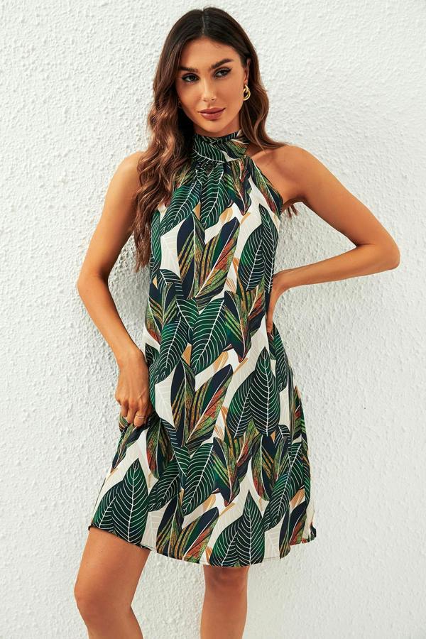 FS Collection Leaf Print Halter Neck Tie Back Mini Dress In Green
