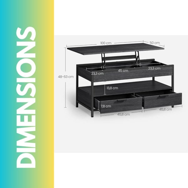 Rafaelo Mobilia Industrial Lift Top Coffee Table With Drawers Black