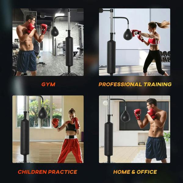 Freestanding punching bag stand with speed balls shown in multiple training scenes
