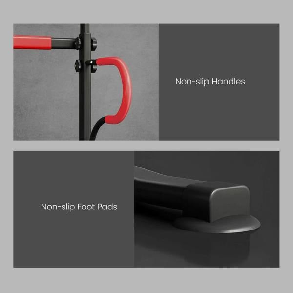 Power tower pull-up station with non-slip handles and gray non-slip foot pads