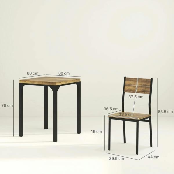 Rustic brown dining table and chair set with size measurement labels