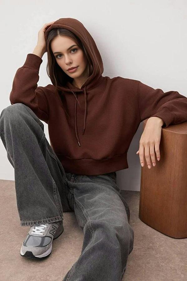 WOVCOR Basic Crop Knit Sweatshirt with Hood