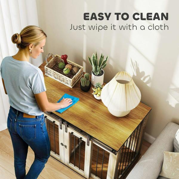 Oak-tone dog crate furniture with sliding doors and smooth top for easy wipe cleaning.