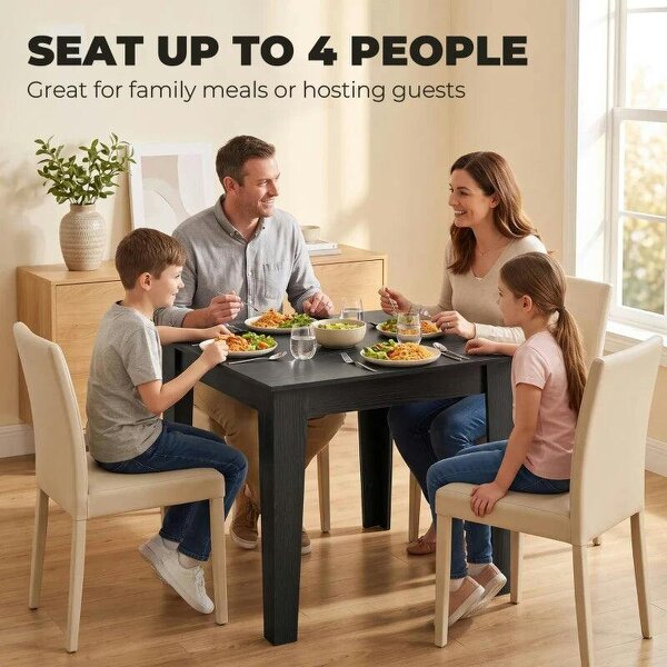 Dining Table for 4, 80L x 80W x 75Hcm, Modern Square Kitchen Table with Wood Effect Tabletop, Black Wood Effect