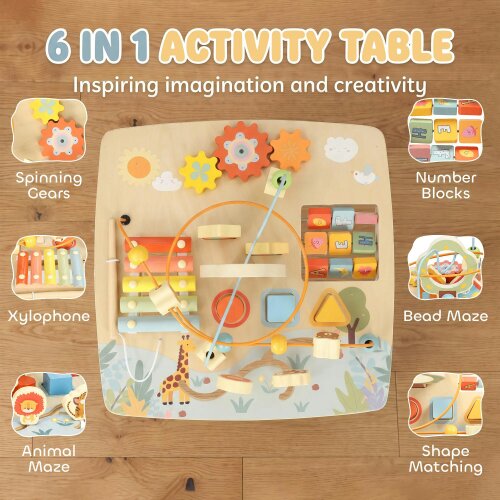 AIYAPLAY 6 In 1 Wooden Baby Activity Table with Bead Maze, Shape Sorter