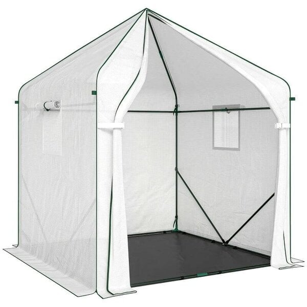 Bobobiy Walk-in Greenhouse for Outdoors with Steel Frame, Large Plant House with Roll-up Door and PE Ground Cover, White