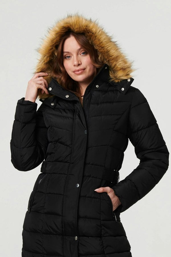 Black | Hooded Faux Fur Trim Longline Jacket
