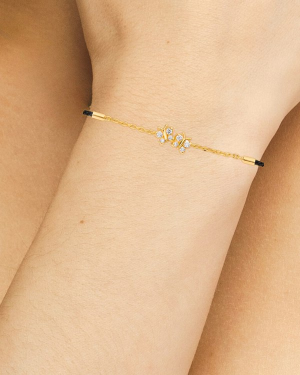 BLOOMTINE | Enchanting Flutterfly™ (Butterfly) 14K Gold Vermeil Black Silk Cord Bracelet | Modelled