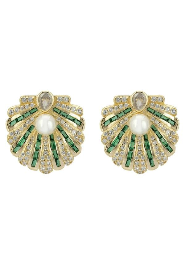 Latelita Art Deco Scallop Shell Earrings Emerald Green With Pearl Gold