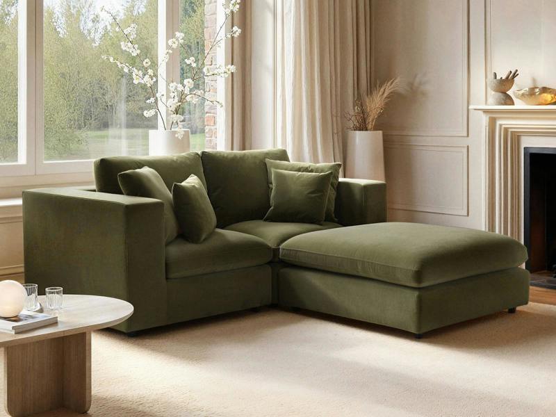 Asher 3 Seater Sofa with Footstool Khaki Green Velvet