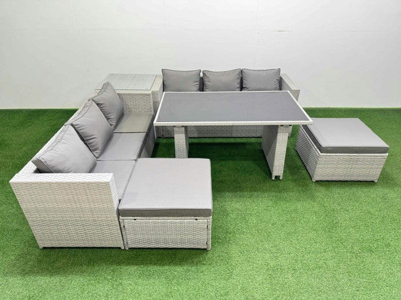 Fimous Rattan Garden Furniture Dining Set 8 seater Patio Rectangular Table Sofa Set with Side Table 2 Big Stools Light Grey