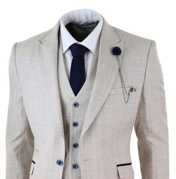 House of Cavani Mens 3 Piece Cream Check Tweed Herringbone Vintage Classic Suit