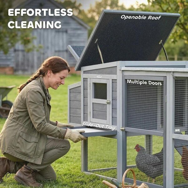 Large Chicken Coop, Wooden Hen House with Covered Run, Nesting Box, Pull-Out Tray, Opening Asphalt Roof