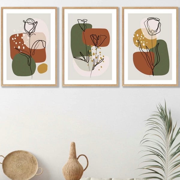 Artze Wall Art Floral Set of 3 Autumn Boho Framed Prints in Orange and Green
