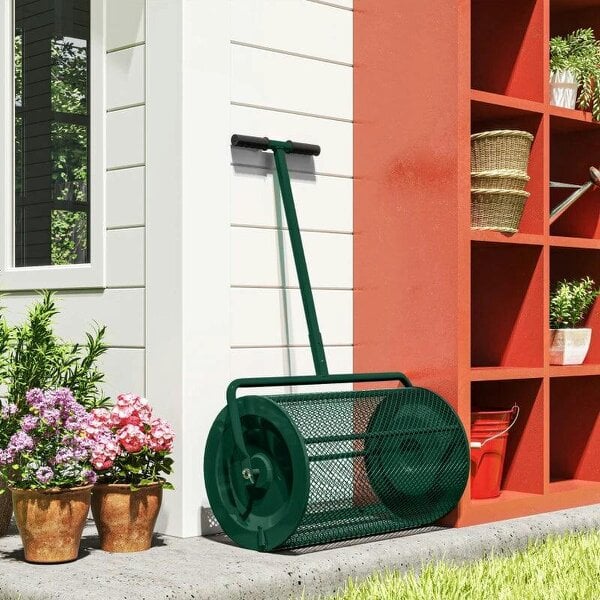 Compost Spreader, 24" Peat Moss Spreader -Height Adjustable T Shaped Handle & Metal Mesh Basket, Garden Spreader for Seeding, Spreading Manure