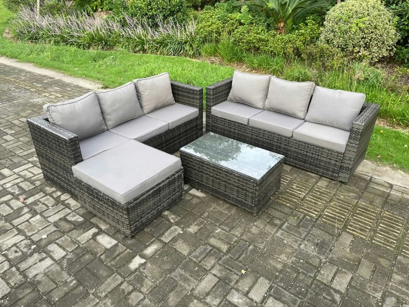 Fimous 7 Seater Rattan Garden Furniture Set Outdoor Patio Sofa Set with Oblong Coffee Table Big Footstool Dark Grey Mixed