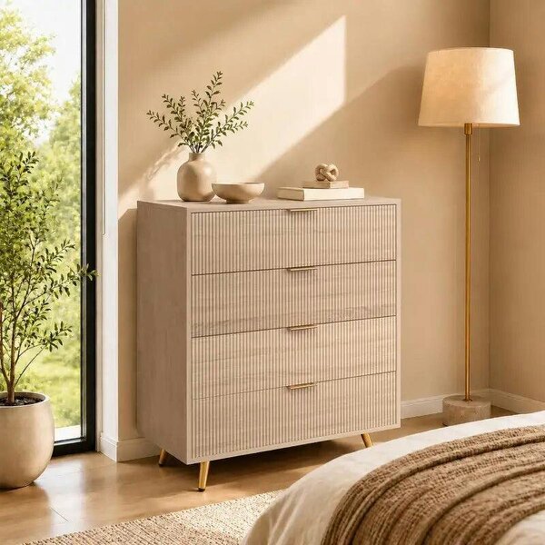Bedroom Chest of Drawers with 4 Drawers, Fluted Dresser with Gold Tone Handles, Storage Cabinet, Natural - Natural wood finish