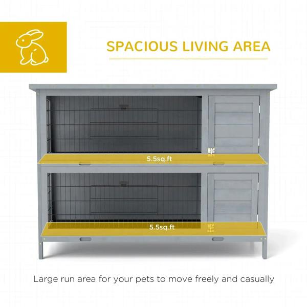 Grey rabbit hutch with spacious two-tier wire area and side compartment doors