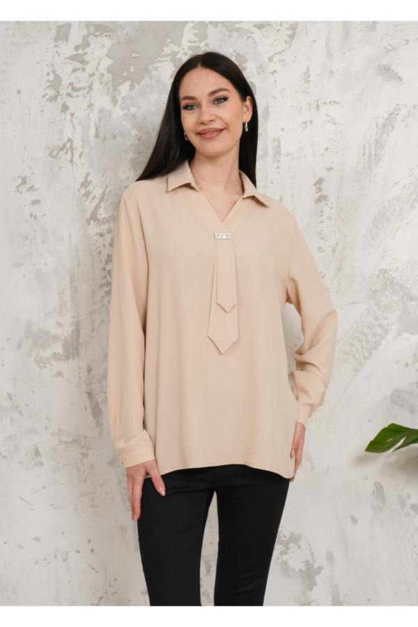 Hoxton Gal Relaxed Fit Long Sleeve Blouse with Tie Detail in Beige