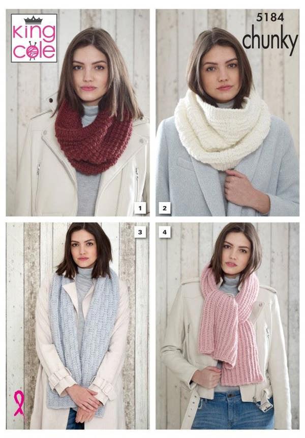King Cole Timeless Chunky Knitting Pattern 5184, Scarves for Women, One Size