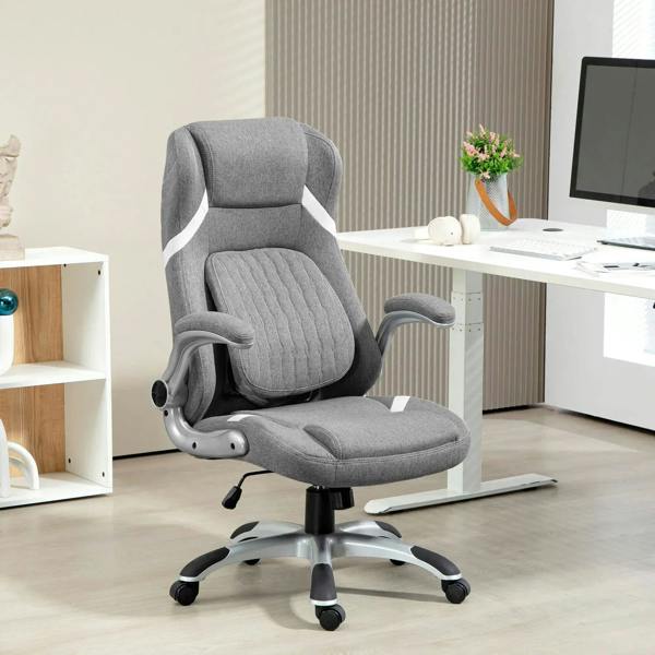 Grey linen-look office chair with padded seat, lumbar back, curved armrests, caster wheels