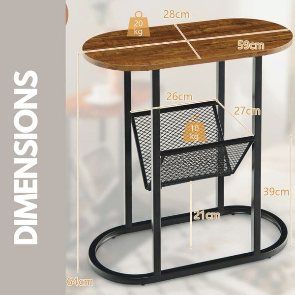 Rafaelo Mobilia Industrial Side Table With Mesh Magazine Holder Rustic Brown