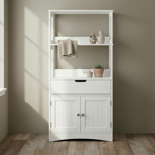Wyld Haus Disarike White Freestanding Storage Cabinet With Shelves Drawers And Double Doors For Bathroom Or Kitchen
