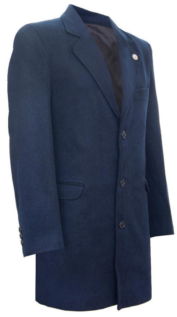 TruClothing Men's Long Navy Wool Slim Fit Overcoat