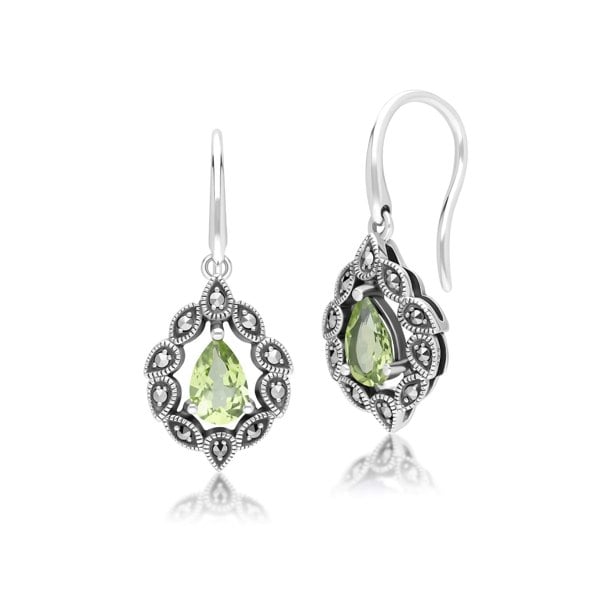 Gemondo Art Deco Style Pear Peridot & Marcasite Drop Earrings in Sterling Silver